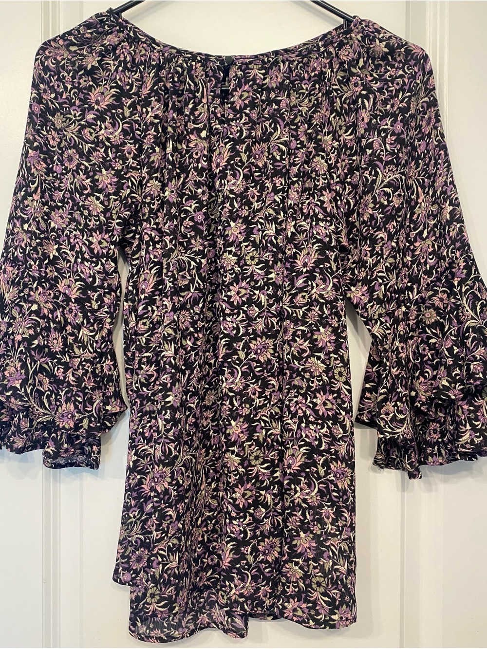Chaps Floral Ruffle Bell Sleeve Blouse Top Black Purple Pink Size Petite Large P